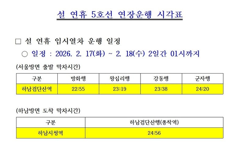 하남시, 설 연휴 지하철 5호선 막차...